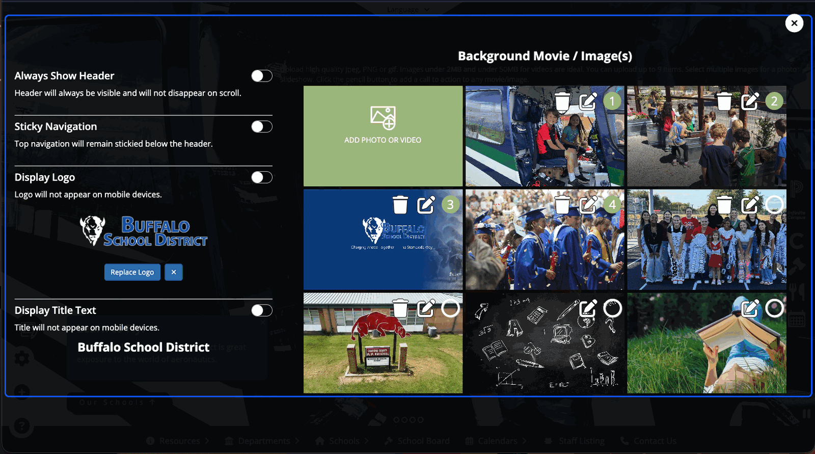 The hero editor. On the left are the toggles Always Show Header, Sticky Navigation, Display Logo with a Replace Logo button, and Display Title Text, each with a one-line explanation. On the right, under the heading Background Movie slash Images, a grid holds an ADD PHOTO OR VIDEO tile followed by photo tiles. Four tiles carry green number badges for their slideshow order and the rest show empty circles, and each tile has trash and pencil buttons