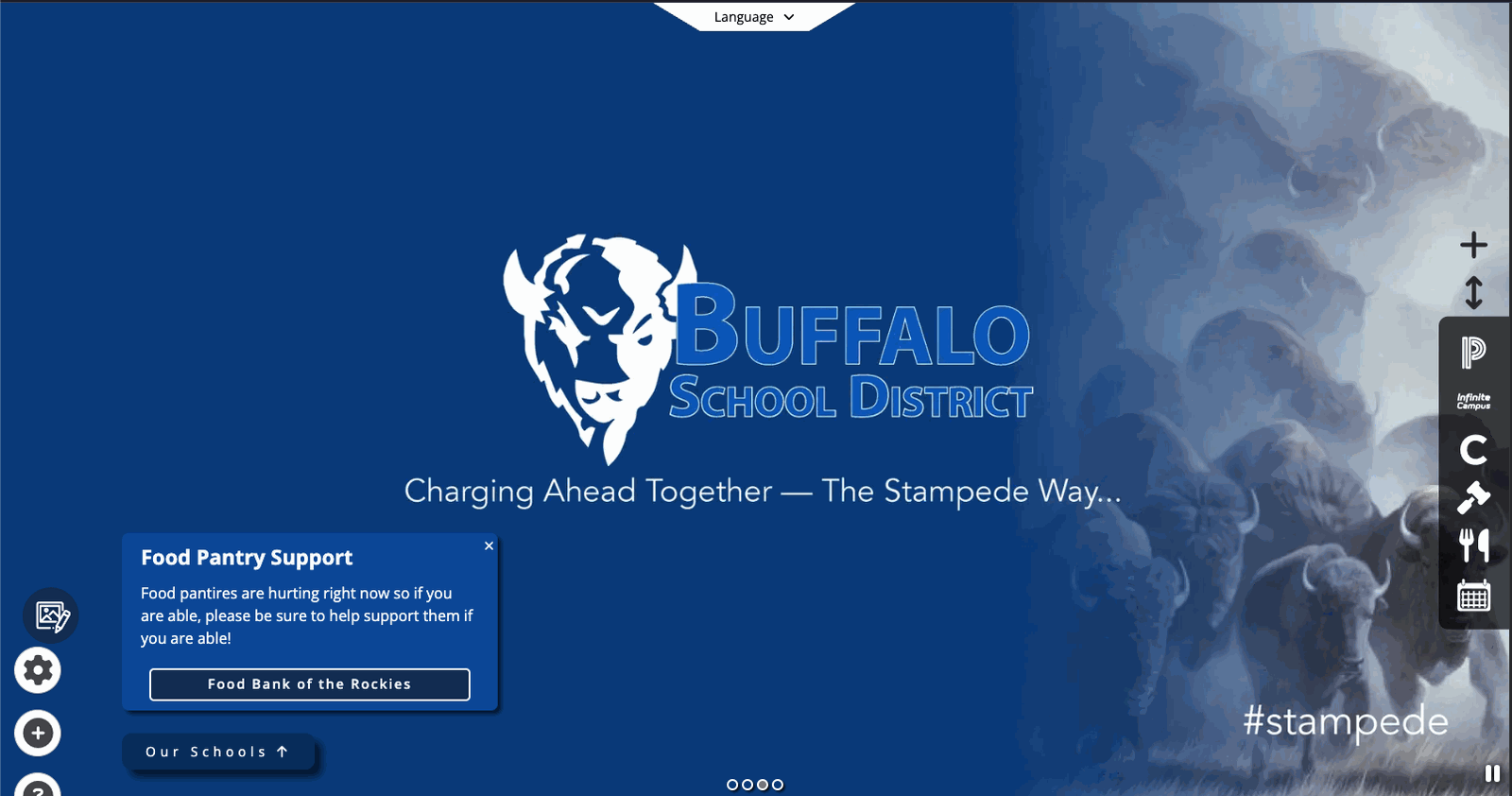 The Buffalo School District hero banner. The logo and the tagline Charging Ahead Together sit in the middle over a herd of bison. A call-to-action card in the lower left reads Food Pantry Support with a Food Bank of the Rockies button, an Our Schools button sits beneath it, and four slideshow dots and a pause button run along the bottom