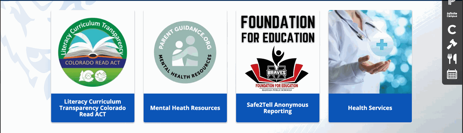 A Spotlight terrace on desktop with four tiles in a row. Each tile is a square logo above a blue band holding its title: Literacy Curriculum Transparency Colorado Read ACT, Mental Health Resources, Safe2Tell Anonymous Reporting, and Health Services
