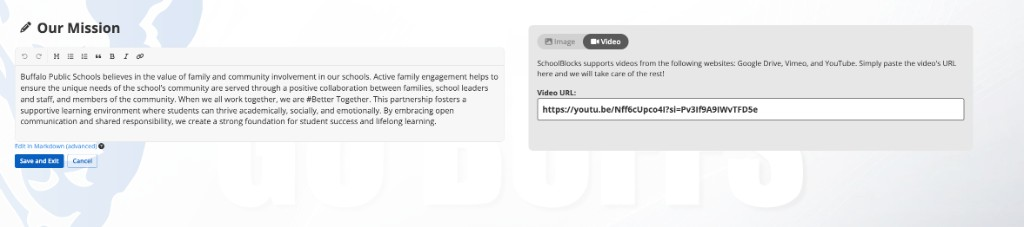 The About editing panel. On the left are the heading Our Mission, a rich text toolbar, the text field, Edit in Markdown (advanced), and Save and Exit and Cancel. On the right, Media Type is set to Video with a Video URL field