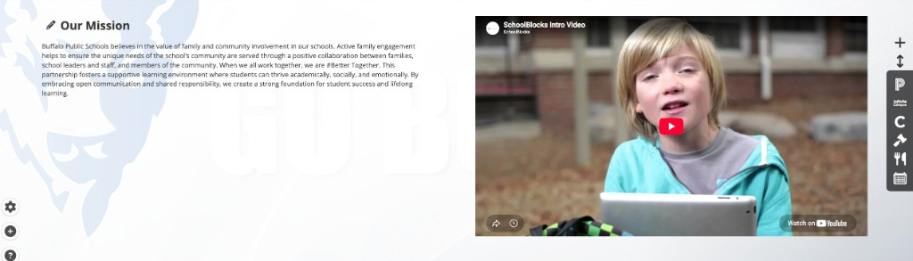An About terrace on desktop headed Our Mission. Text sits on the left over a faint buffalo watermark, and a YouTube video titled SchoolBlocks Intro Video sits on the right