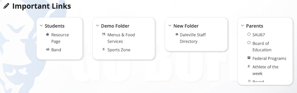 A Links terrace on desktop headed Important Links. Four folder cards sit in a row: Students, Demo Folder, New Folder, and Parents. Each folder is open and shows its links