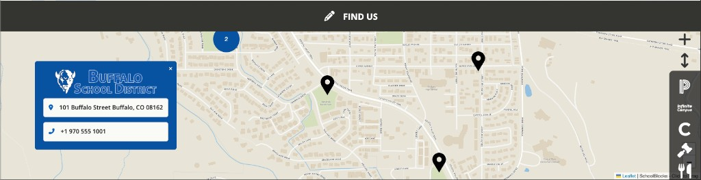 A Map terrace headed FIND US. The map shows several pins and a cluster marked 2. A Buffalo School District card overlays the left side with address and phone, and a close control