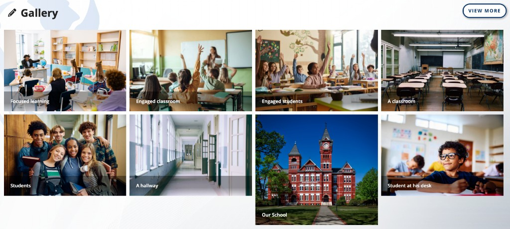 A Gallery terrace on desktop with a View More control at the top right and eight photo tiles in two rows of four, each with a caption band at the bottom