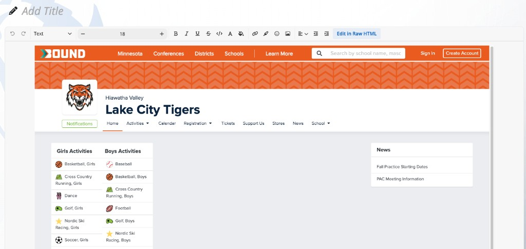 The HTML terrace visual editor. A formatting toolbar includes Edit in Raw HTML on the right, and the canvas shows an embedded Bound athletics page preview