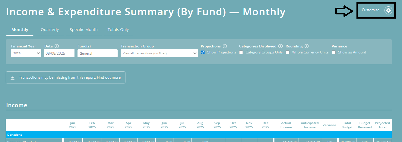 ExpensePlus Income & Expenditure Summary screen highlighting the 'Customise' button
