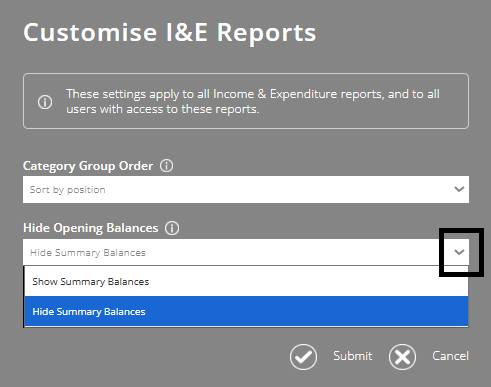 ExpensePlus Customise I&E Reports screen