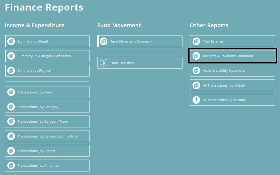 ExpensePlus screenshot of 'Finance Reports' screen, with 'Receipts & Payments Statement' highlighted