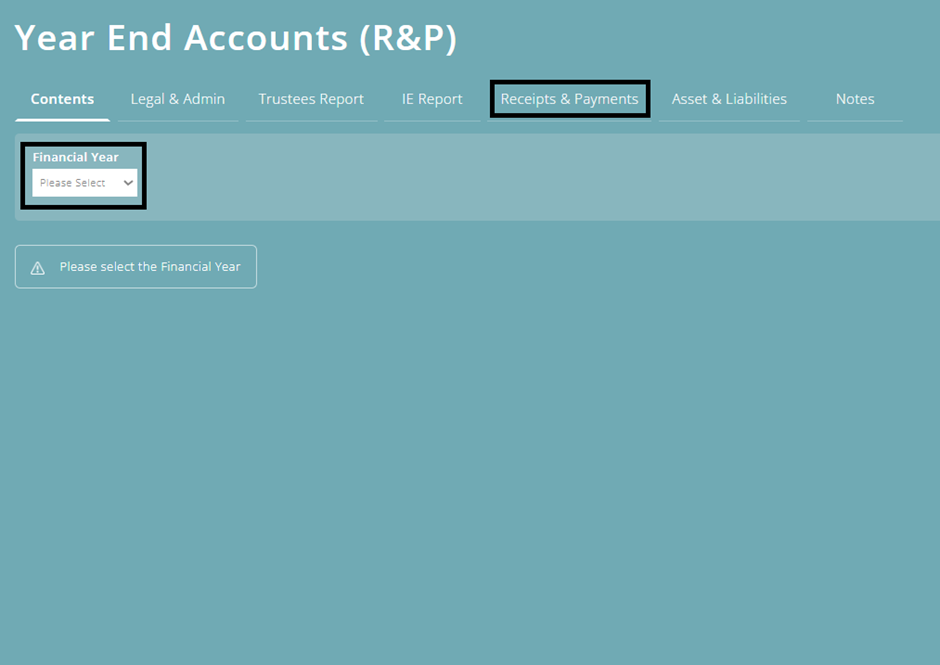 ExpensePlus screenshot of the 'Year End Accounts' screen, highlighting the 'Financial Year' drop-down and the 'Receipts & Payments' tab