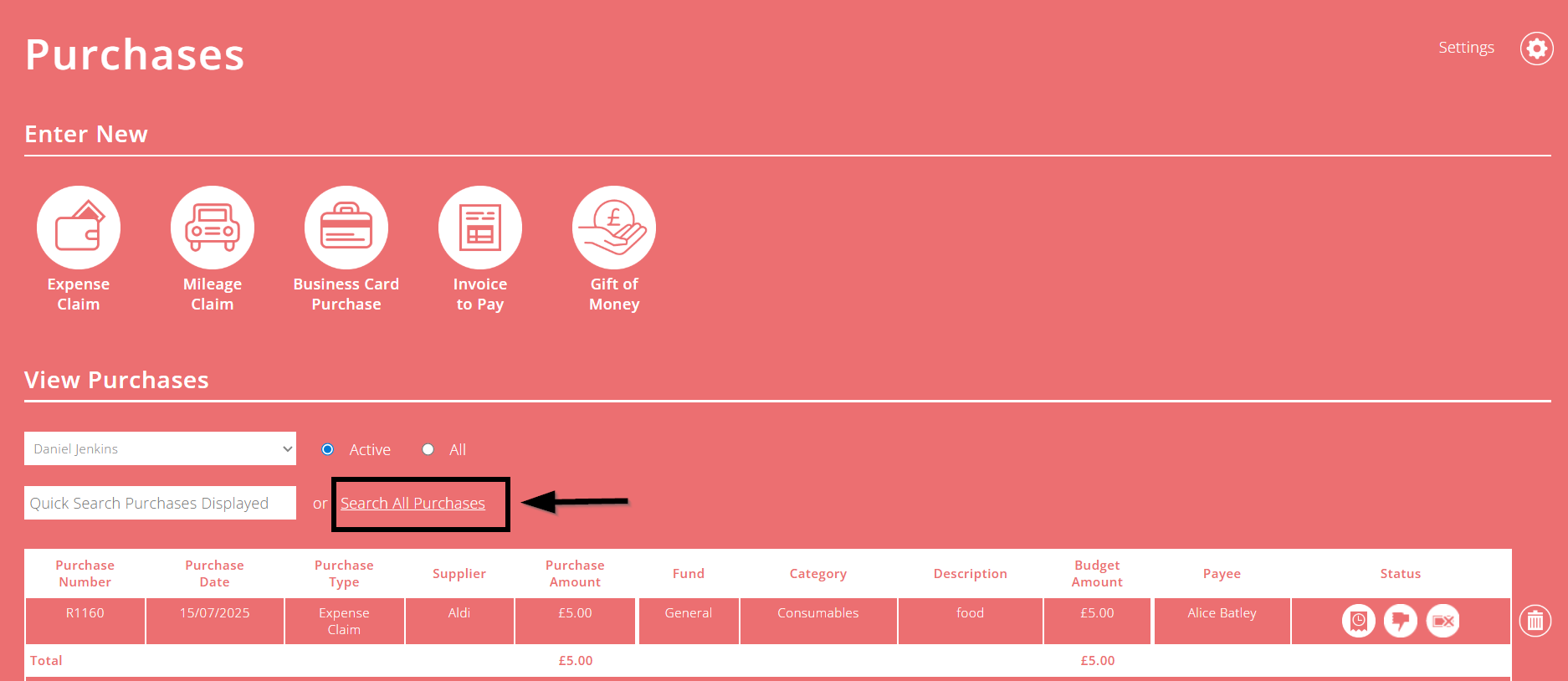 ExpensePlus purchases screen