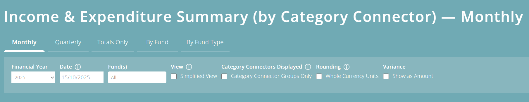 ExpensePlus Income & Expenditure Summary (By Category Connector) screen