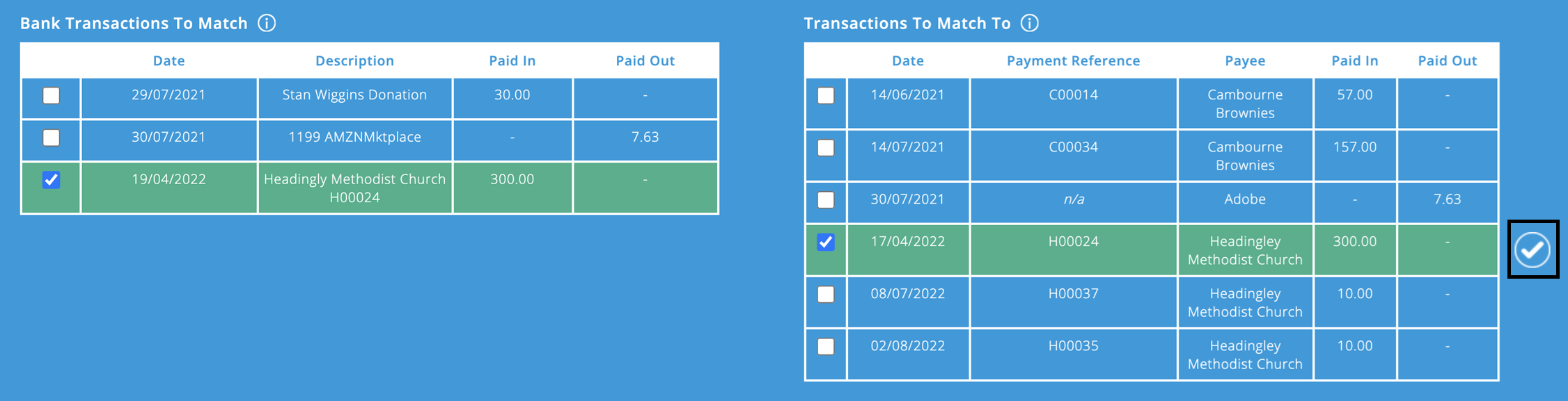 ExpensePlus screenshot of the Bank Matching screen, showing a matched bank transaction and invoice with the 'tick' button highlighted