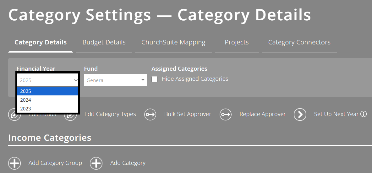 ExpensePlus screenshot of category settings screen and year drop-down