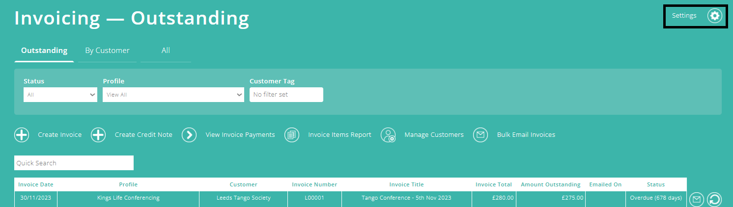ExpensePlus screenshot of the Invoicing screen, highlighting the 'Settings' button