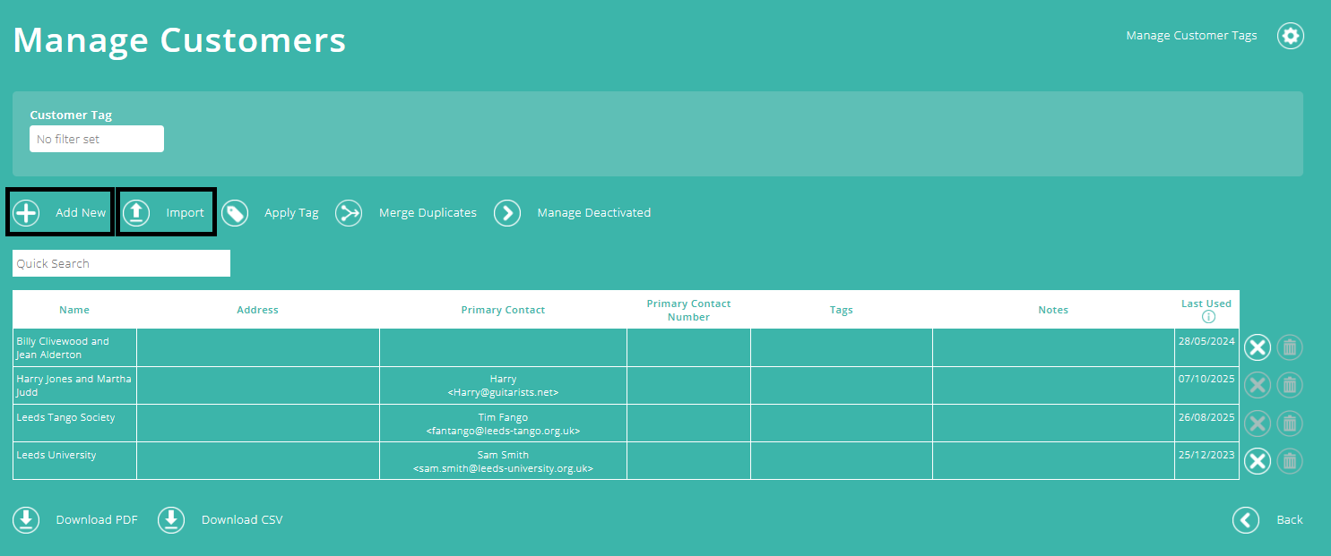ExpensePlus screenshot of the 'Manage Customers' screen, highlighting the options to add individual or multiple customers