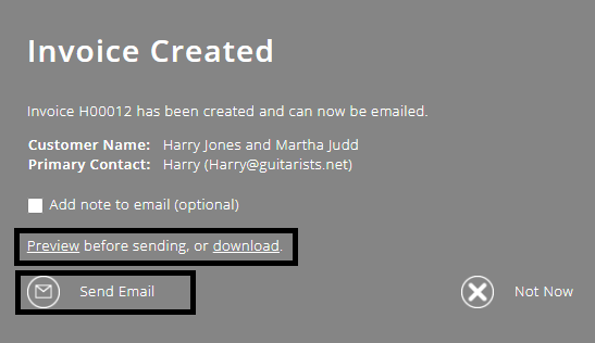 ExpensePlus screenshot of the 'Invoice created' pop-up, highlighting the options to preview, download, or send email