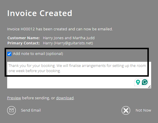 ExpensePlus screenshot of the 'Invoice created' pop-up, highlighting the option to add a note to the email