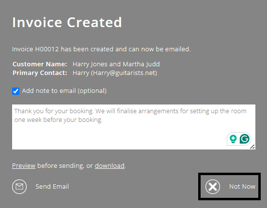 ExpensePlus screenshot of the 'Invoice created' pop-up, highlighting the 'Not Now' button
