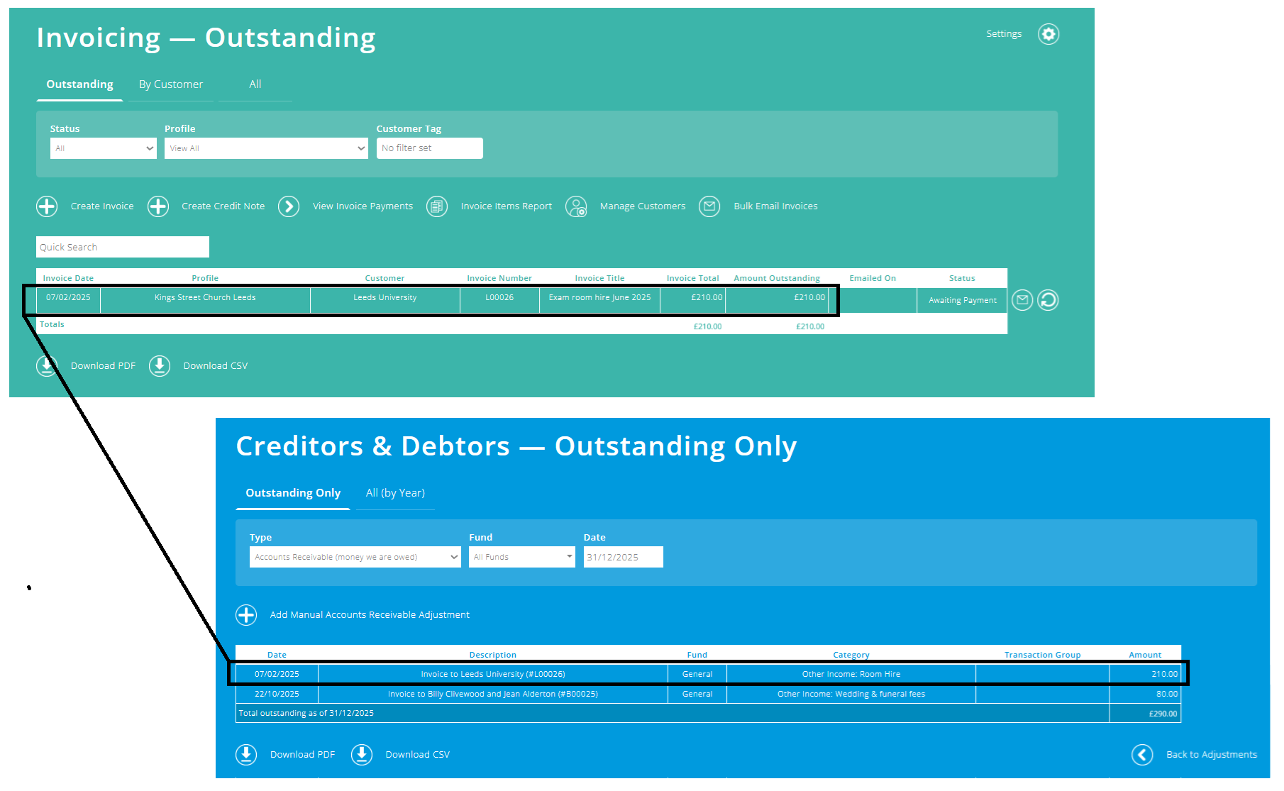 ExpensePlus screenshots, showing an unpaid invoice and its corresponding 'accounts receivable' entry in the Creditors & Debtors screen