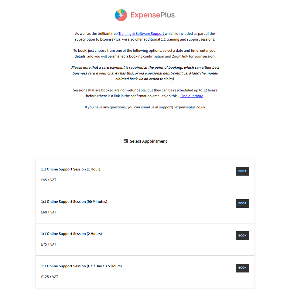 ExpensePlus additional 1:1 support booking page