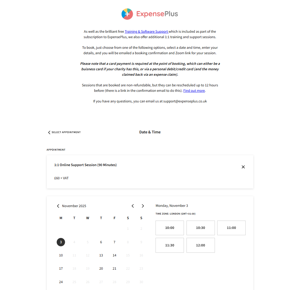 ExpensePlus additional 1:1 support booking page
