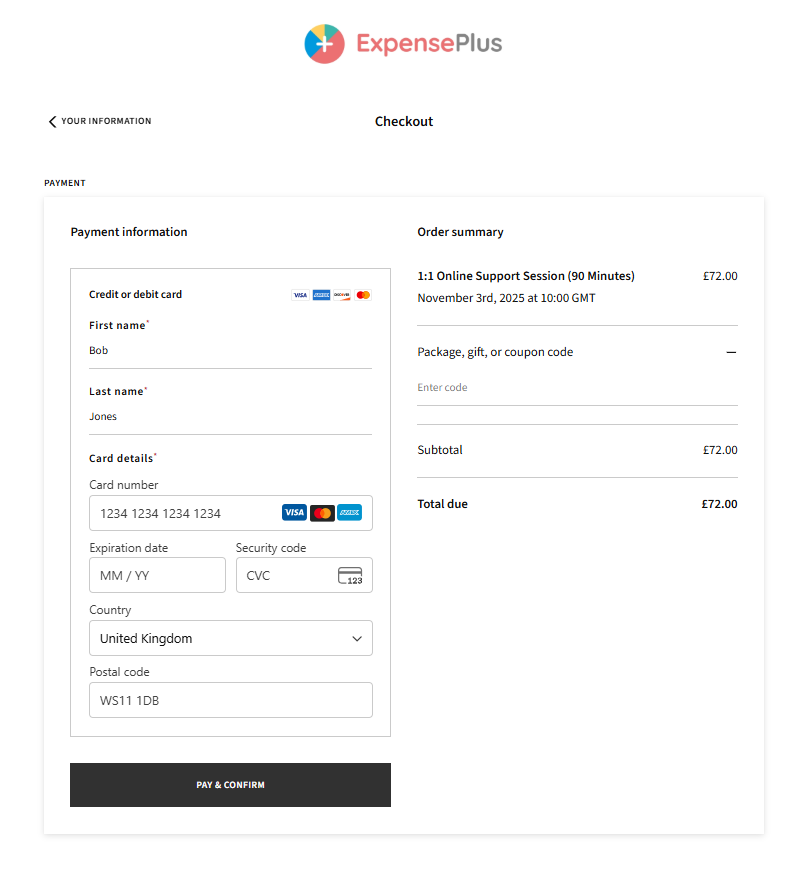 ExpensePlus additional 1:1 support booking page