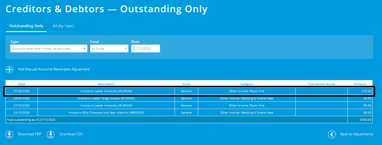 ExpensePlus screenshot showing account receivable entry for the £210 invoice.