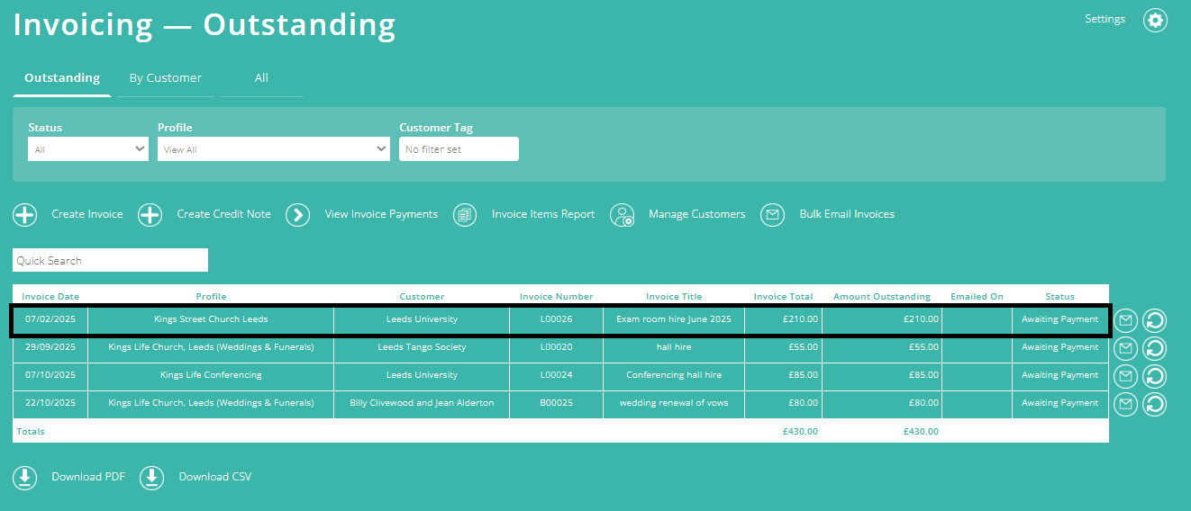 ExpensePlus screenshot showing invoice with a balance of £210.