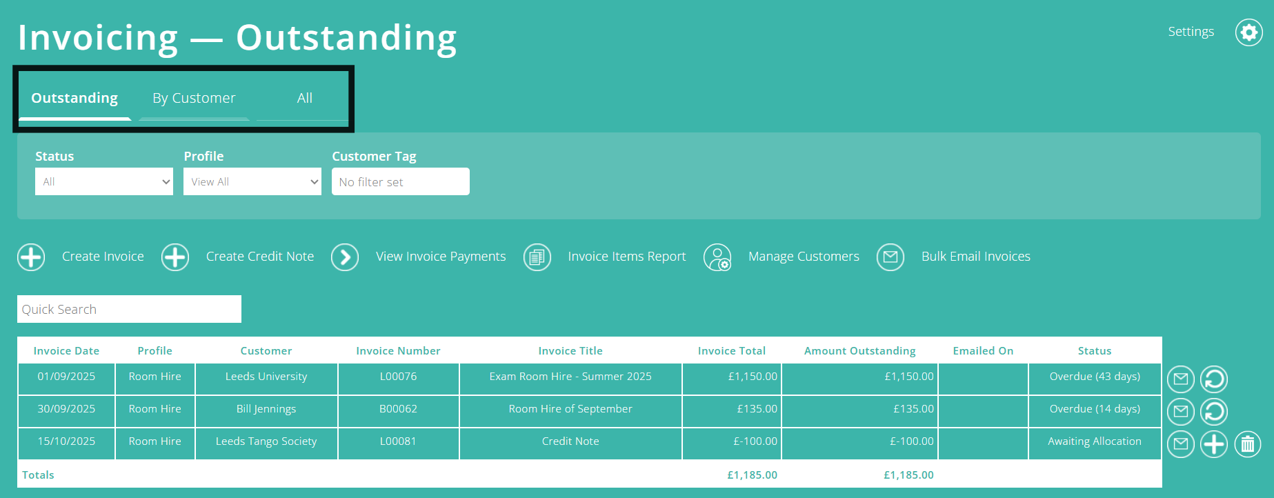 ExpensePlus screenshot of the Invoicing screen, highlighting the tabs at the top