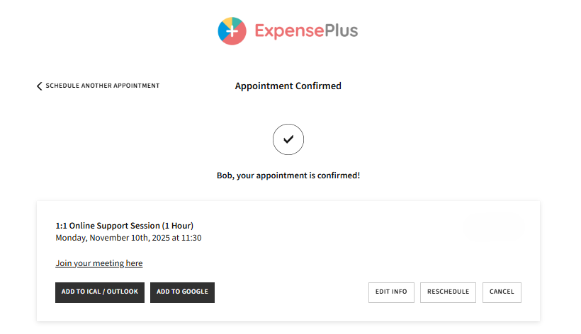 ExpensePlus additional 1:1 support booking page