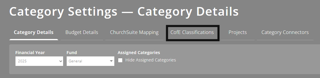 ExpensePlus Income & Expenditure Category Settings screen, highlighting the CofE Classifications tab