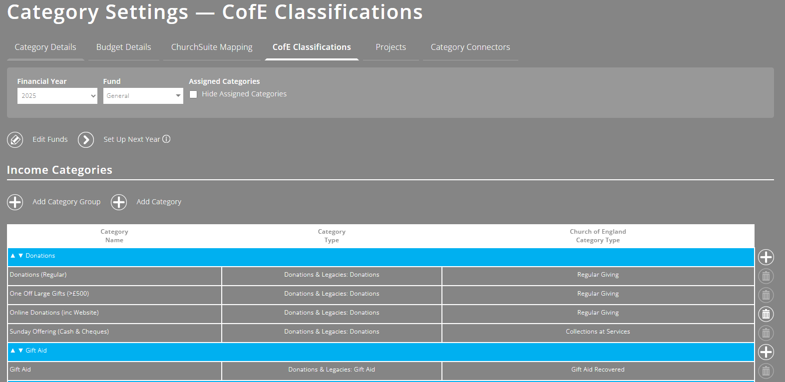 ExpensePlus CofE Classifications screen