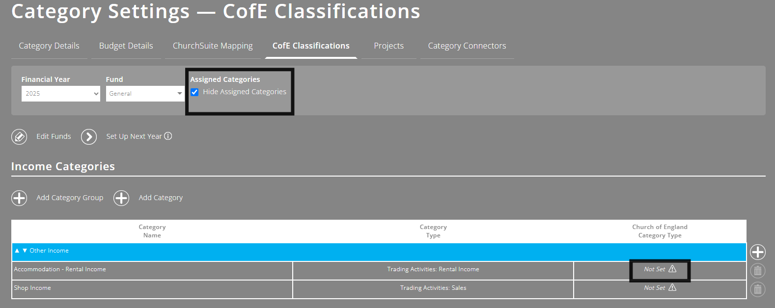 ExpensePlus CofE Classifications screen highlighting 'Hide Assigned Categories' checkbox