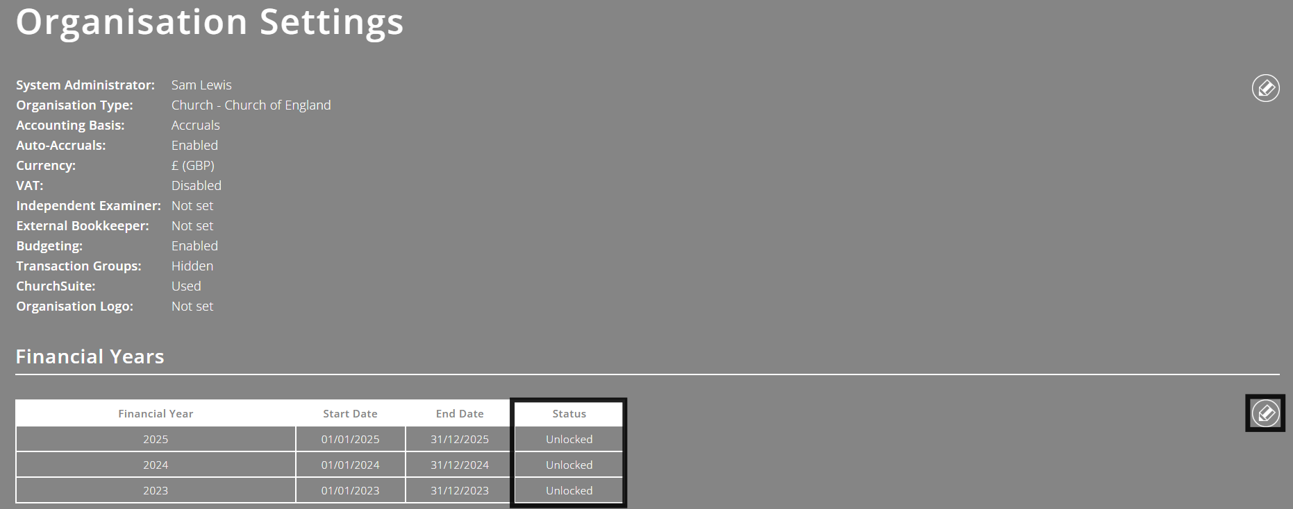 ExpensePlus Organisation Settings screen highlighting the financial year status column and the edit button
