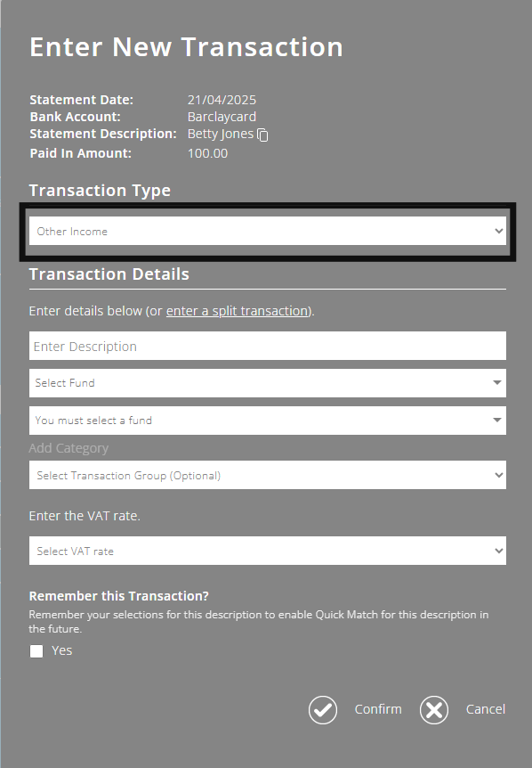 ExpensePlus Enter New Transaction screen highlighting the Other Income transaction type