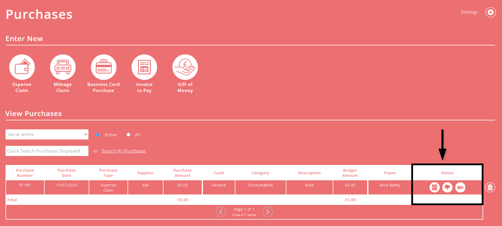 ExpensePlus screenshot of purchases screen