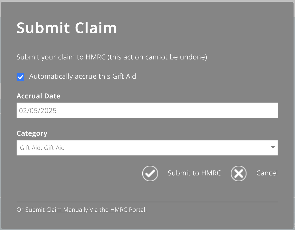 ExpensePlus Gift Aid submission screen for organisations with auto-accruals turned on
