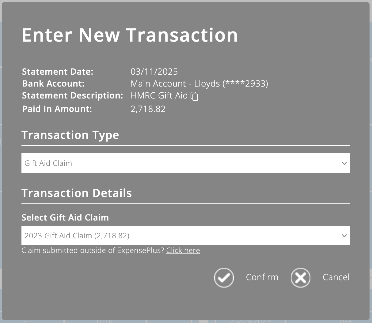 ExpensePlus Enter New Transaction screen matching Gift Aid for organisations with auto-accruals turned on