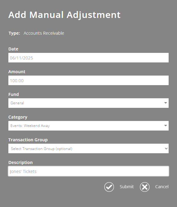 ExpensePlus Add Manual Adjustment pop up