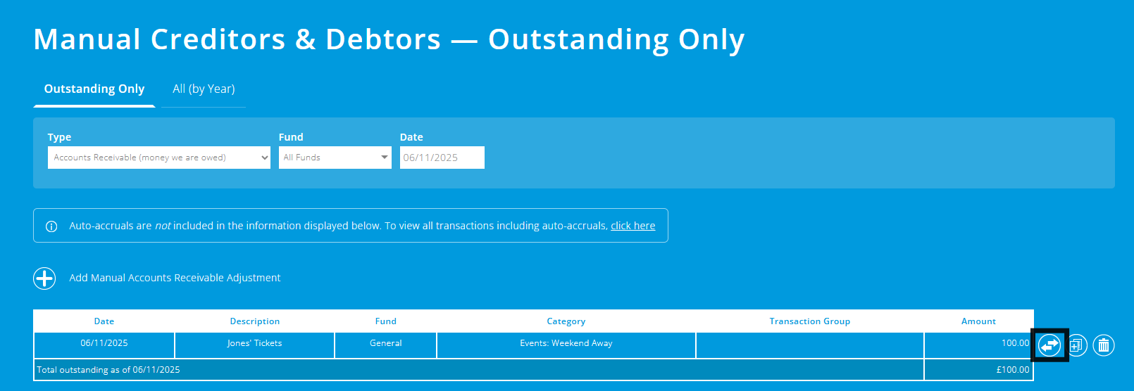 ExpensePlus Manual Creditors & Debtors screen