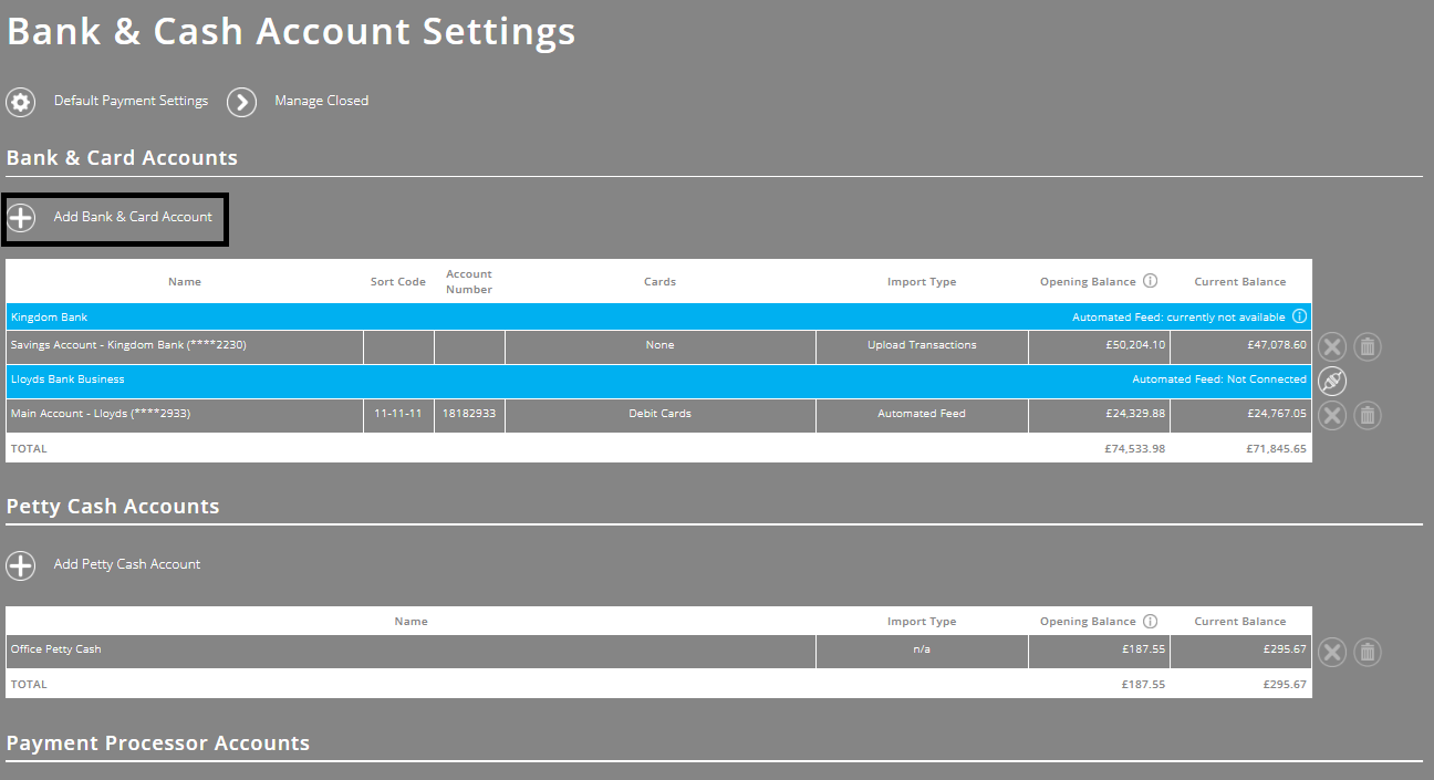 ExpensePlus screenshot of the Bank & Cash Account Settings screen, highlighting ‘Add Bank & Card Account’