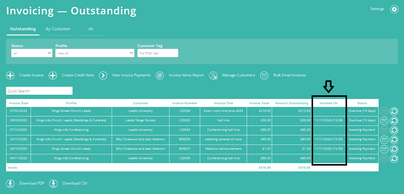 ExpensePlus screenshot of the Invoicing screen, highlighting the 'Emailed On' column