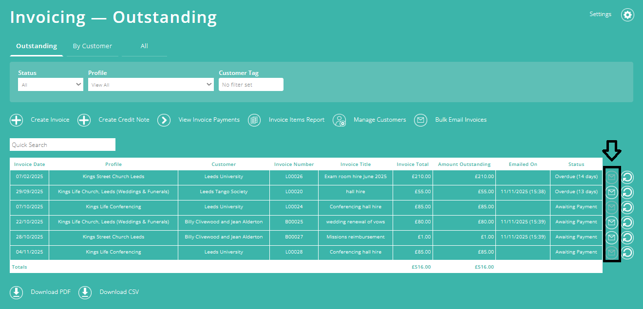 ExpensePlus screenshot of the Invoicing screen, highlighting customers with or without an email address
