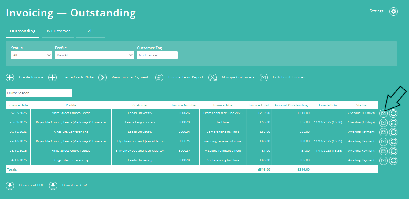 ExpensePlus screenshot of the Invoicing screen, highlighting the 'email invoice' button