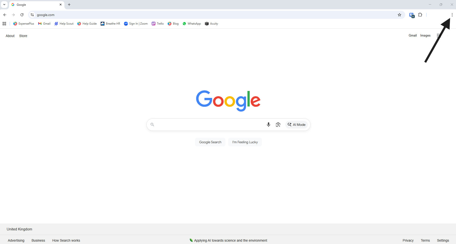 Google Chrome window with arrow highlighting the 3 dots as described above