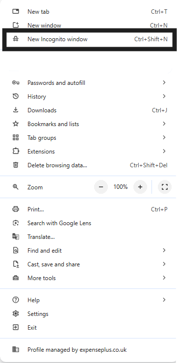 Google Chrome menu highlighting New Incognito Window option
