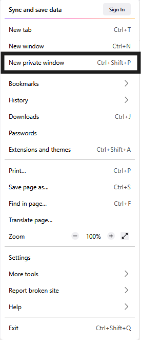 Firefox menu highlighting New Private Window option