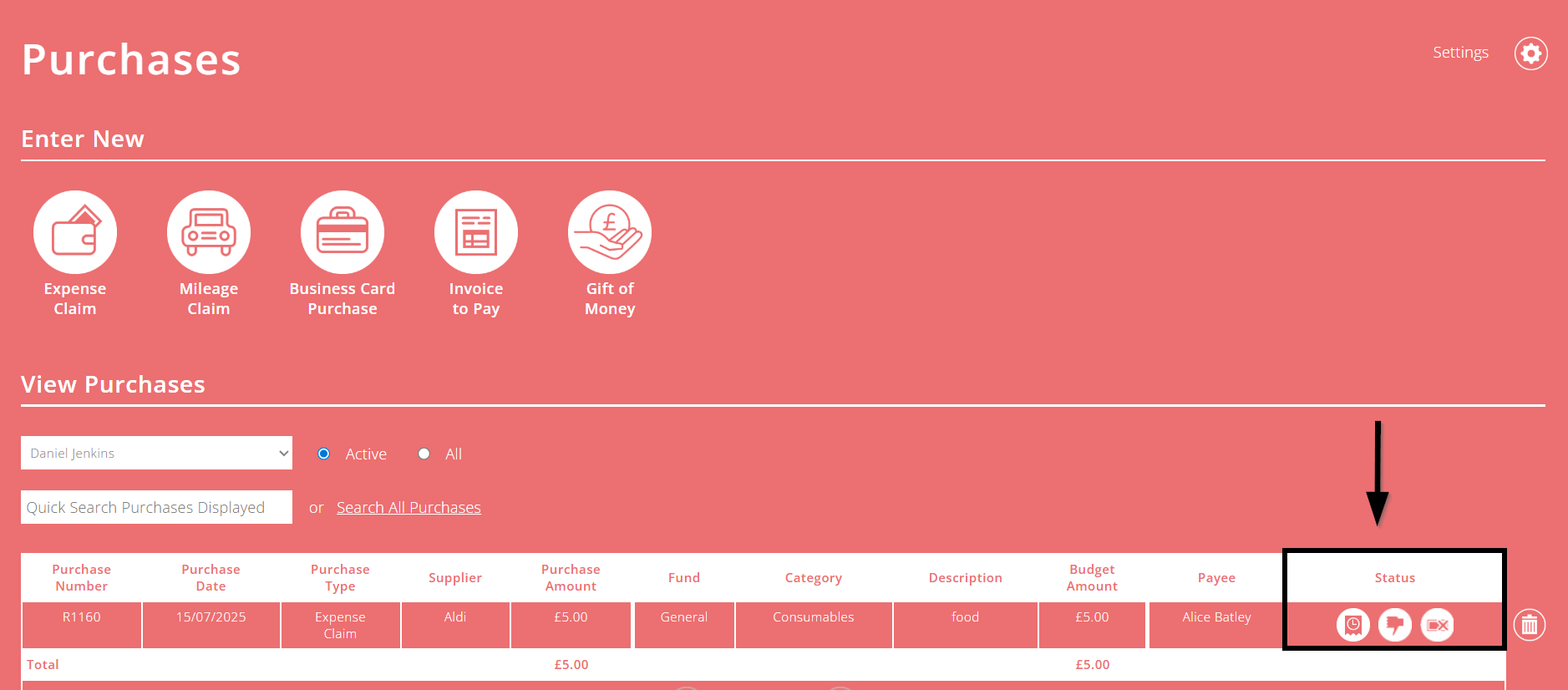 ExpensePlus screenshot of purchases screen