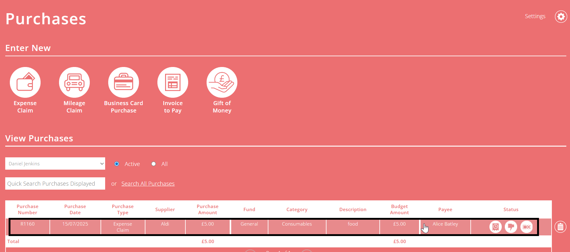ExpensePlus screenshot of purchases screen