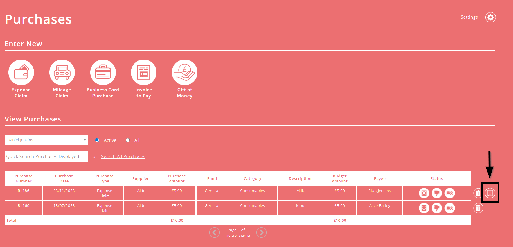 ExpensePlus screenshot of purchases screen